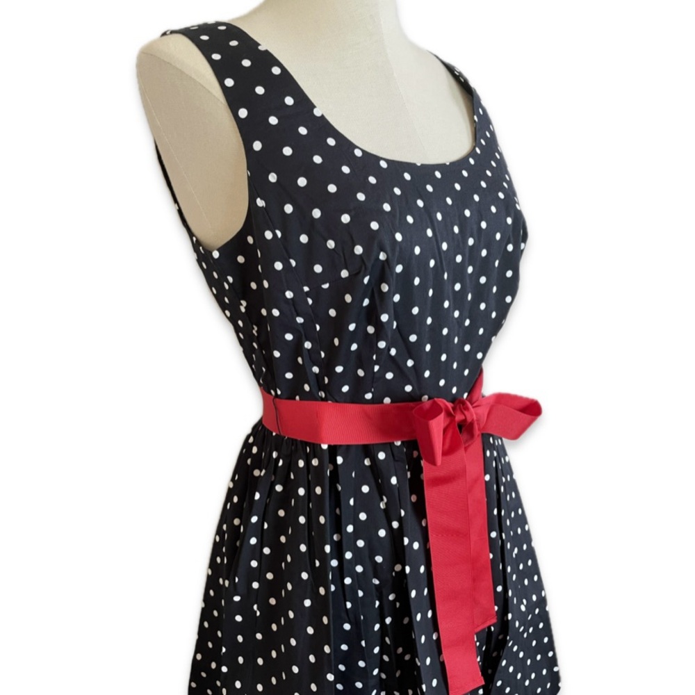 NWT Elle black and white polka dot fit and flare dress with red bow belt - Picture 2 of 5